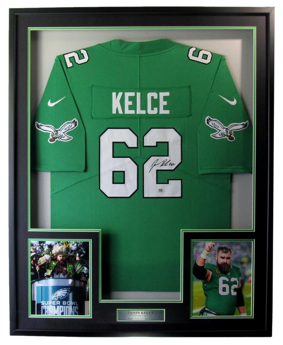 Framed Jason Kelce autographed Philadelphia Eagles Kelly Green jersey PSA DNA: Framed Jason Kelce autographed Philadelphia Eagles Kelly Green jersey PSA DNA This framed display features a Jason Kelce signed Kelly Green Philadelphia Eagles football jersey, authenticated by PSA/DN