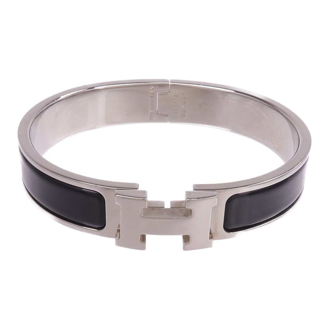 Hermes Clic H enamel bracelet black silver tone: Hermes Clic H enamel bracelet black silver tone This Hermes Clic H bracelet features a sleek black enamel design with silver-tone metal accents. Crafted in France, this unisex bracelet showcases the b