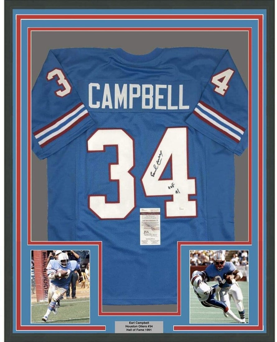 Framed Signed Earl Campbell HOF 1991 Houston Oilers Jersey JSA COA: Framed Signed Earl Campbell HOF 1991 Houston Oilers Jersey JSA COA Celebrate the legacy of Earl Campbell with this professionally framed and autographed Houston Oilers jersey. Measuring 33"x42", this 