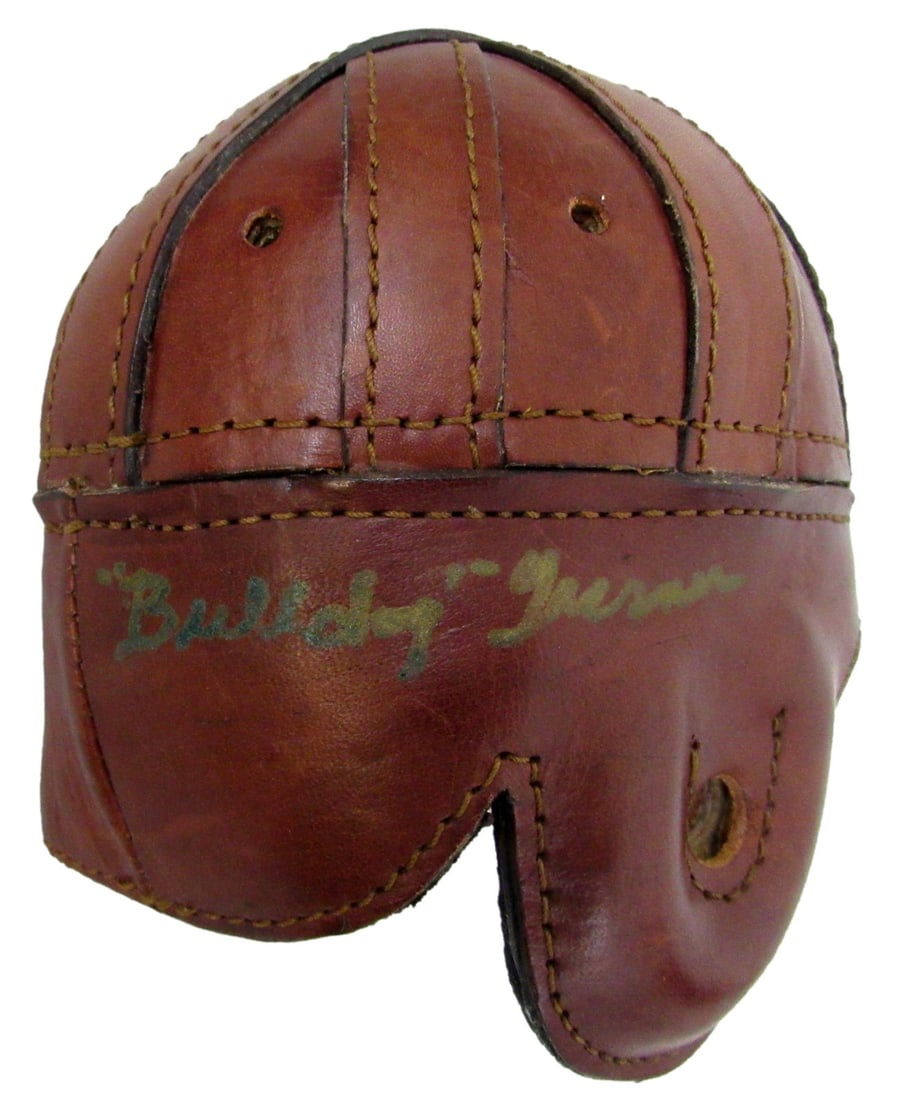 JSA Authenticated Clyde Bulldog Turner Signed Bears Mini Leather Football Helmet: JSA Authenticated Clyde Bulldog Turner Signed Bears Mini Leather Football Helmet This is a pre-owned Chicago Bears leather mini football helmet signed by Hall of Famer Clyde "Bulldog" Turner. The auto