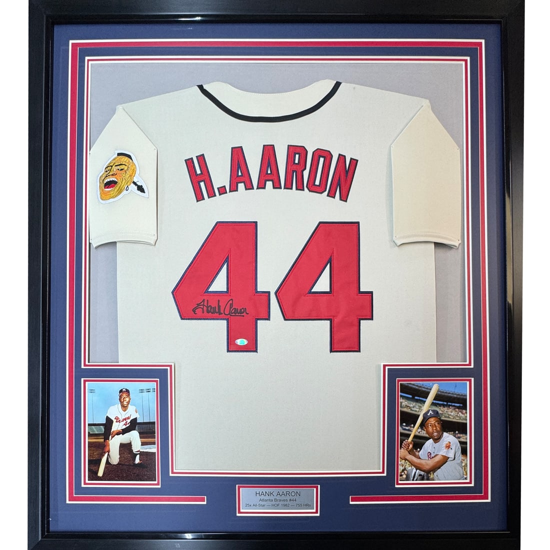 Framed Hank Aaron Autographed Jersey 35x39 Atlanta Braves Steiner COA: Framed Hank Aaron Autographed Jersey 35x39 Atlanta Braves Steiner COA Celebrate the legacy of Hank Aaron with this professionally framed autographed Atlanta Braves jersey. Measuring 35x39 inches, this
