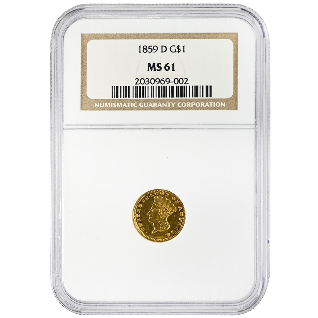 1859-D Indian Princess Type 3 Gold Dollar NGC MS61: 1859-D Indian Princess Type 3 Gold Dollar NGC MS61 This 1859-D Gold Dollar is a rare Type 3 Indian Princess Large Head coin, certified by NGC with a grade of MS61. Struck in gold, this uncirculated co