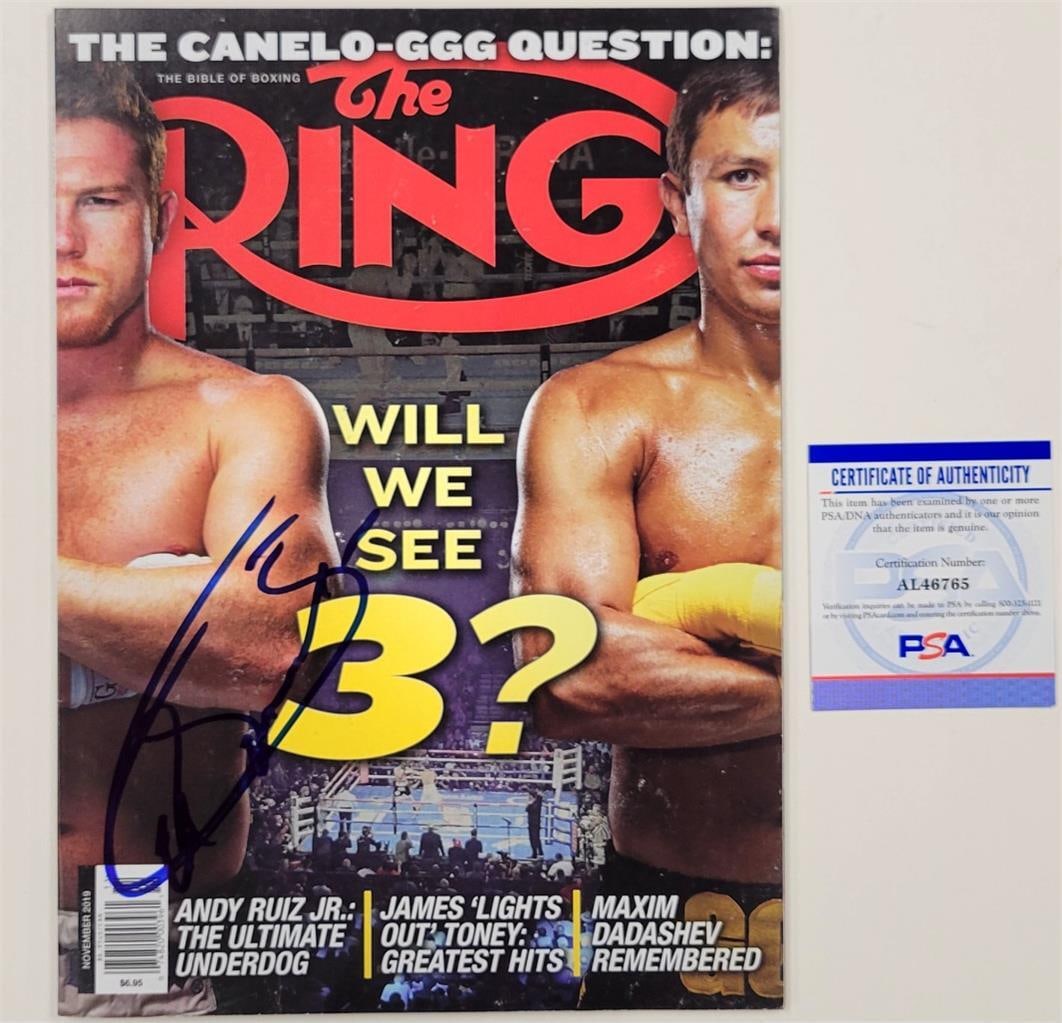 Canelo Alvarez Signed The Ring Magazine PSA/DNA Certified: Canelo Alvarez Signed The Ring Magazine PSA/DNA Certified This original The Ring Magazine features the autograph of renowned boxer Canelo Alvarez, adding significant value for collectors and fans. The