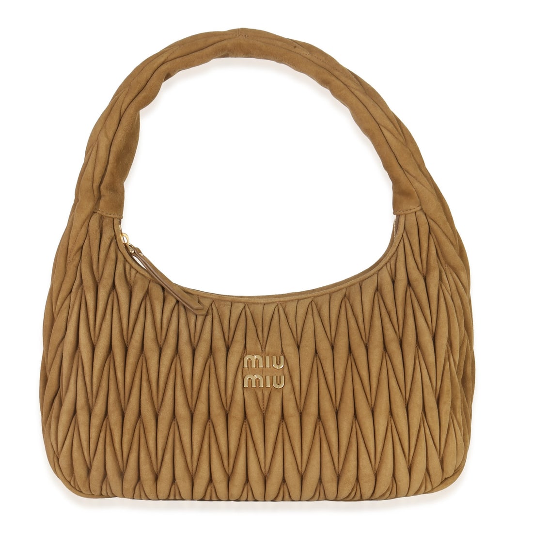 Brown Suede Wander Hobo Bag by Miu Miu with Dustbag and Tags: Brown Suede Wander Hobo Bag by Miu Miu with Dustbag and Tags This Miu Miu Wander Hobo bag features luxurious brown suede in the signature Matelasse design. The hobo-style handbag is accented with gold