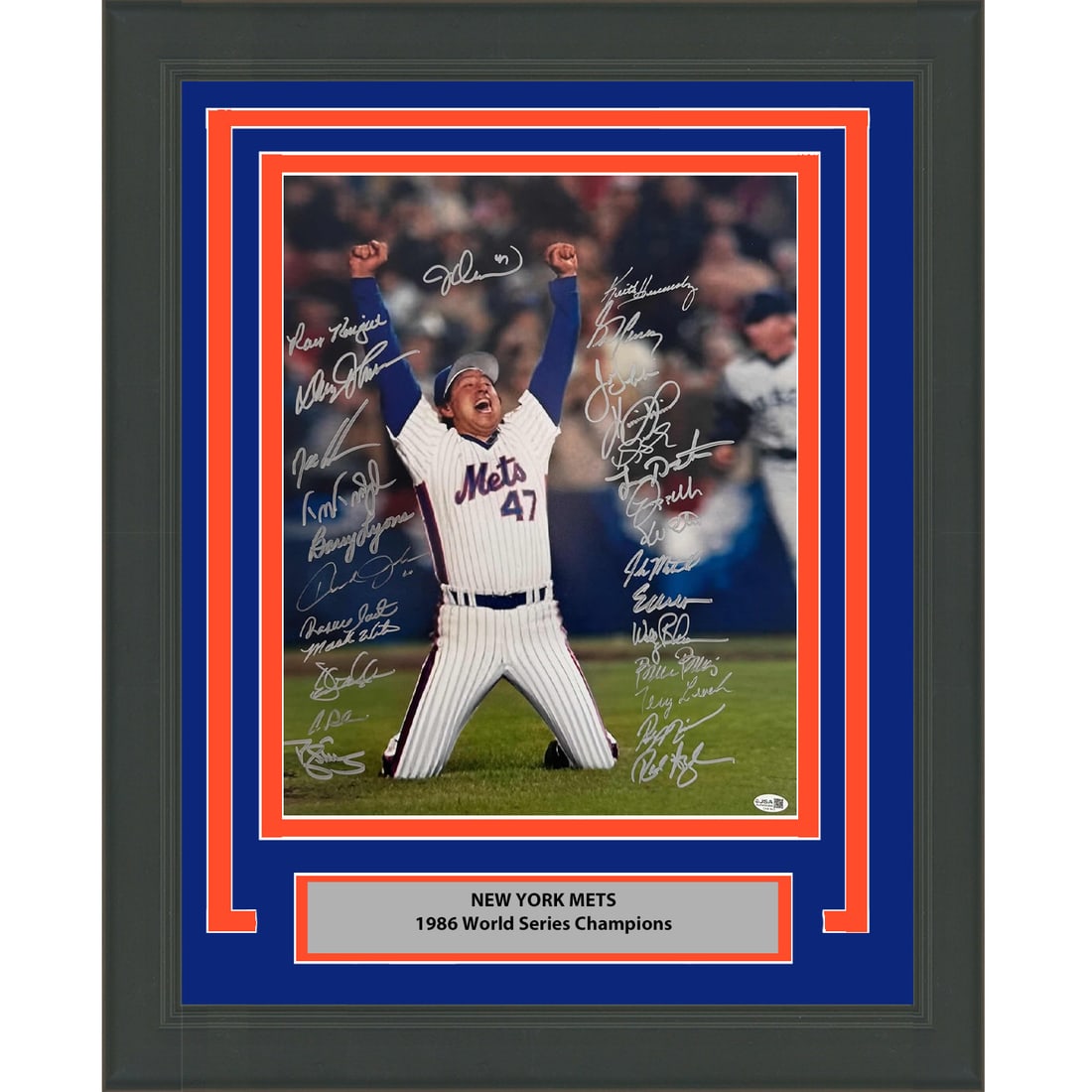 1986 Mets Team Signed 16x20 Framed Photograph with 26 Autographs JSA Authenticated: 1986 Mets Team Signed 16x20 Framed Photograph with 26 Autographs JSA Authenticated This is a framed 16x20 photograph featuring the 1986 New York Mets team, autographed by 26 team members. The item is 