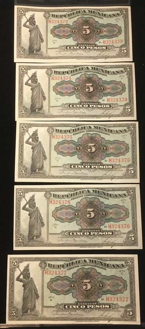Lot of 5 Uncirculated 1915 Cinco Peso Republica Mexicana Notes: Lot of 5 Uncirculated 1915 Cinco Peso Republica Mexicana Notes This listing features a lot of five consecutive Cinco Peso notes from the Republica Mexicana, each in stunning Uncirculated condition. Da