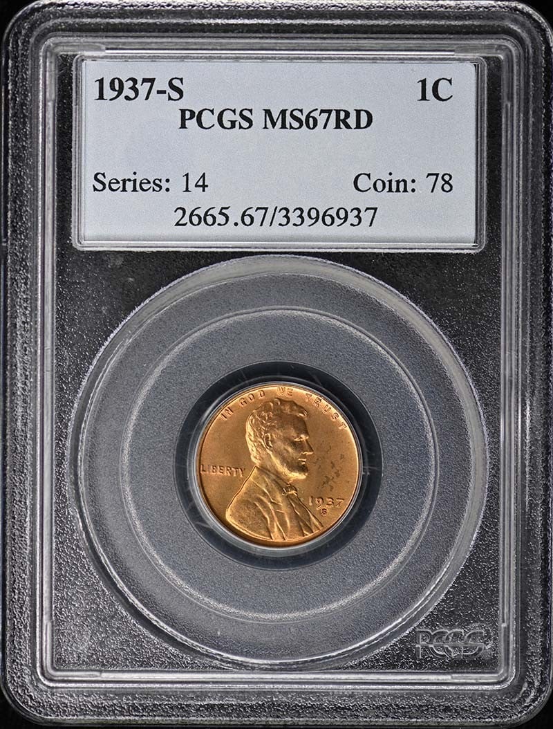 PCGS MS67RD 1937-S Lincoln Wheat Cent Type 1 San Francisco Mint: PCGS MS67RD 1937-S Lincoln Wheat Cent Type 1 San Francisco Mint This is a 1937-S Lincoln Cent featuring the Type 1 Wheat Reverse, certified by PCGS with a grade of MS67RD. Minted in San Francisco, thi