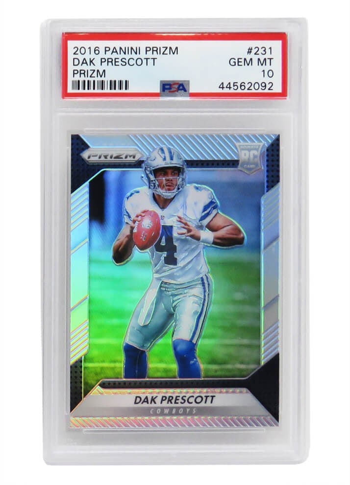 Dak Prescott 2016 Panini Prizm RC #231 PSA 10 Gem Mint Football Card: Dak Prescott 2016 Panini Prizm RC #231 PSA 10 Gem Mint Football Card This listing features a Dak Prescott 2016 Panini Prizm #231 rookie card, professionally graded Gem Mint 10 by PSA. This pristine ca