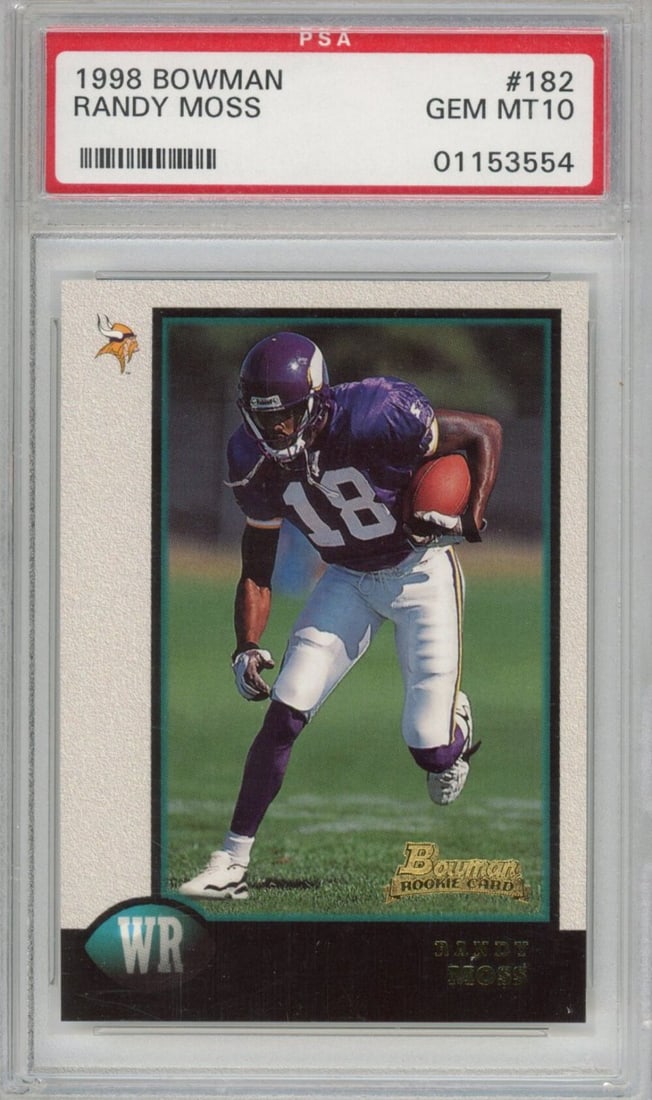 PSA 10 1998 Bowman Randy Moss Rookie Football Card #182 Gem Mint: PSA 10 1998 Bowman Randy Moss Rookie Football Card #182 Gem Mint This is an original 1998 Bowman Randy Moss #182 rookie football card, professionally graded and authenticated by Professional Sports Au