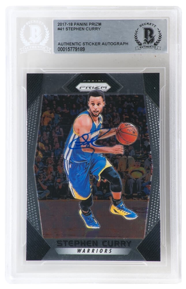 Stephen Curry Signed Warriors 2017-18 Panini Prizm Card #41 Beckett Encapsulated: Stephen Curry Signed Warriors 2017-18 Panini Prizm Card #41 Beckett Encapsulated This Stephen Curry signed basketball trading card features the star player of the Golden State Warriors from the 2017-1