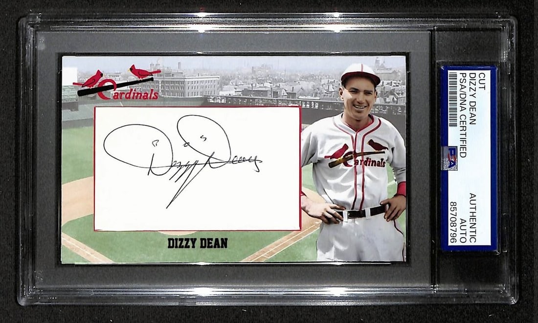 Cut Signature 3x5 Custom Baseball Card Dizzy Dean HOF PSA DNA Cardinals: Cut Signature 3x5 Custom Baseball Card Dizzy Dean HOF PSA DNA Cardinals This is a Dizzy Dean Hall of Fame autographed cut card measuring 3x5 inches, certified by PSA/DNA. The card features a custom de