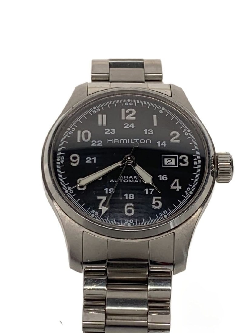 Hamilton Khaki Field Stainless Steel Black Wristwatch H706250: Hamilton Khaki Field Stainless Steel Black Wristwatch H706250 This is a pre-owned HAMILTON Khaki Field H706250 men's wristwatch featuring a black dial and a stainless steel case. The watch is Swiss-ma
