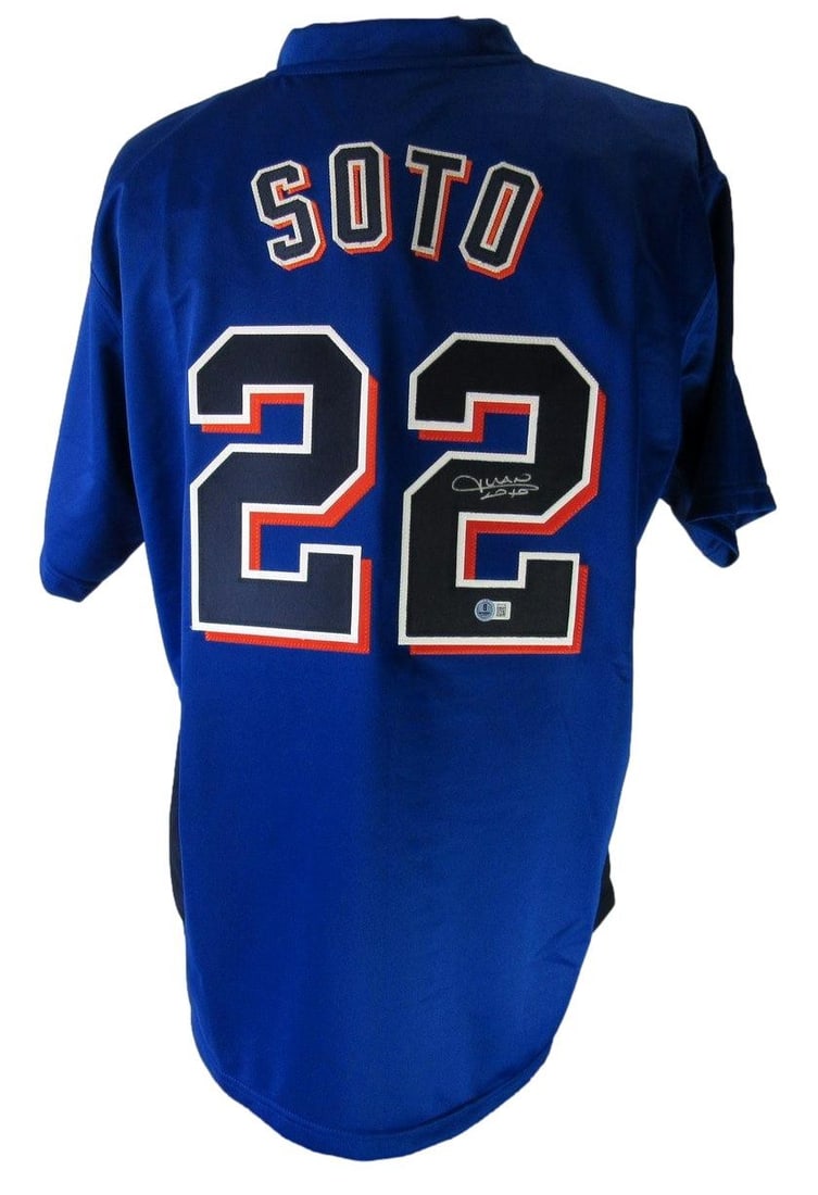 Juan Soto Signed Mets Custom Jersey Beckett Authenticated: Juan Soto Signed Mets Custom Jersey Beckett Authenticated This custom New York Mets baseball jersey has been hand-signed by Juan Soto. Designed for display, the jersey features no brand logos and show