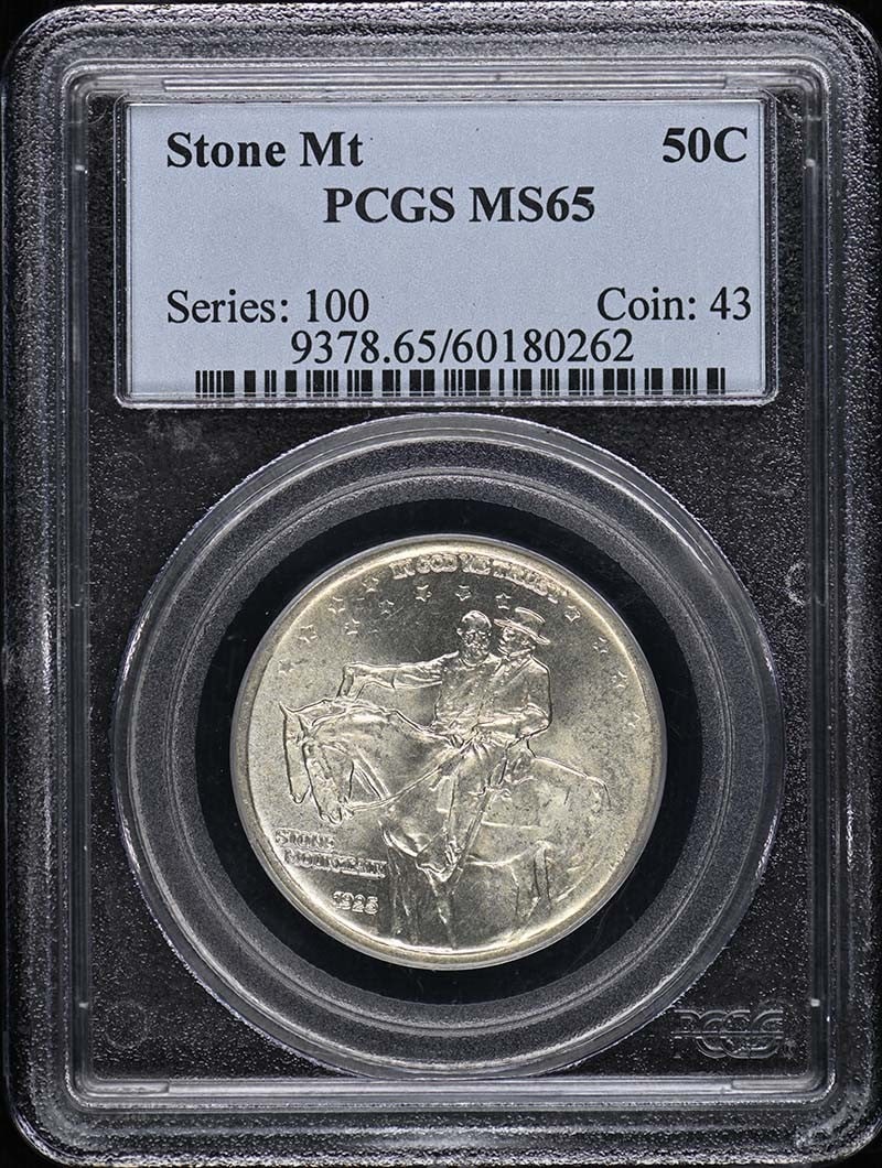 1925 Stone Mountain 50C PCGS MS65 Silver Commemorative: 1925 Stone Mountain 50C PCGS MS65 Silver Commemorative This is a 1925 Stone Mountain commemorative half dollar, graded MS65 by PCGS. Struck in Philadelphia, this coin is composed of 90% silver and 10%