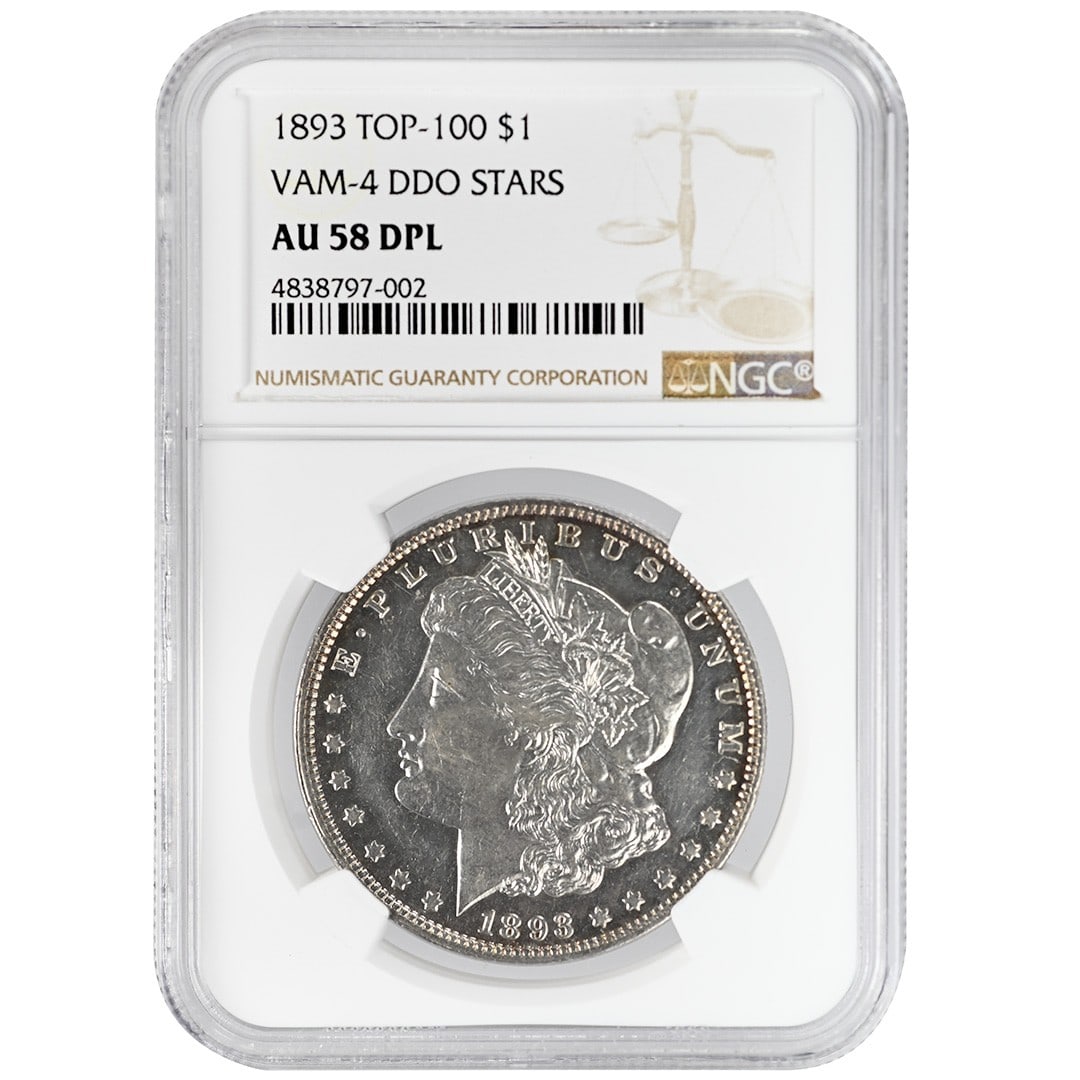 1893 Morgan Dollar NGC AU58DPL Silver Philadelphia Deep Proof-Like: 1893 Morgan Dollar NGC AU58DPL Silver Philadelphia Deep Proof-Like This 1893 Morgan Dollar is a rare coin graded AU58 Deep Proof-Like (DPL) by NGC. Struck at the Philadelphia Mint, it features a mostl