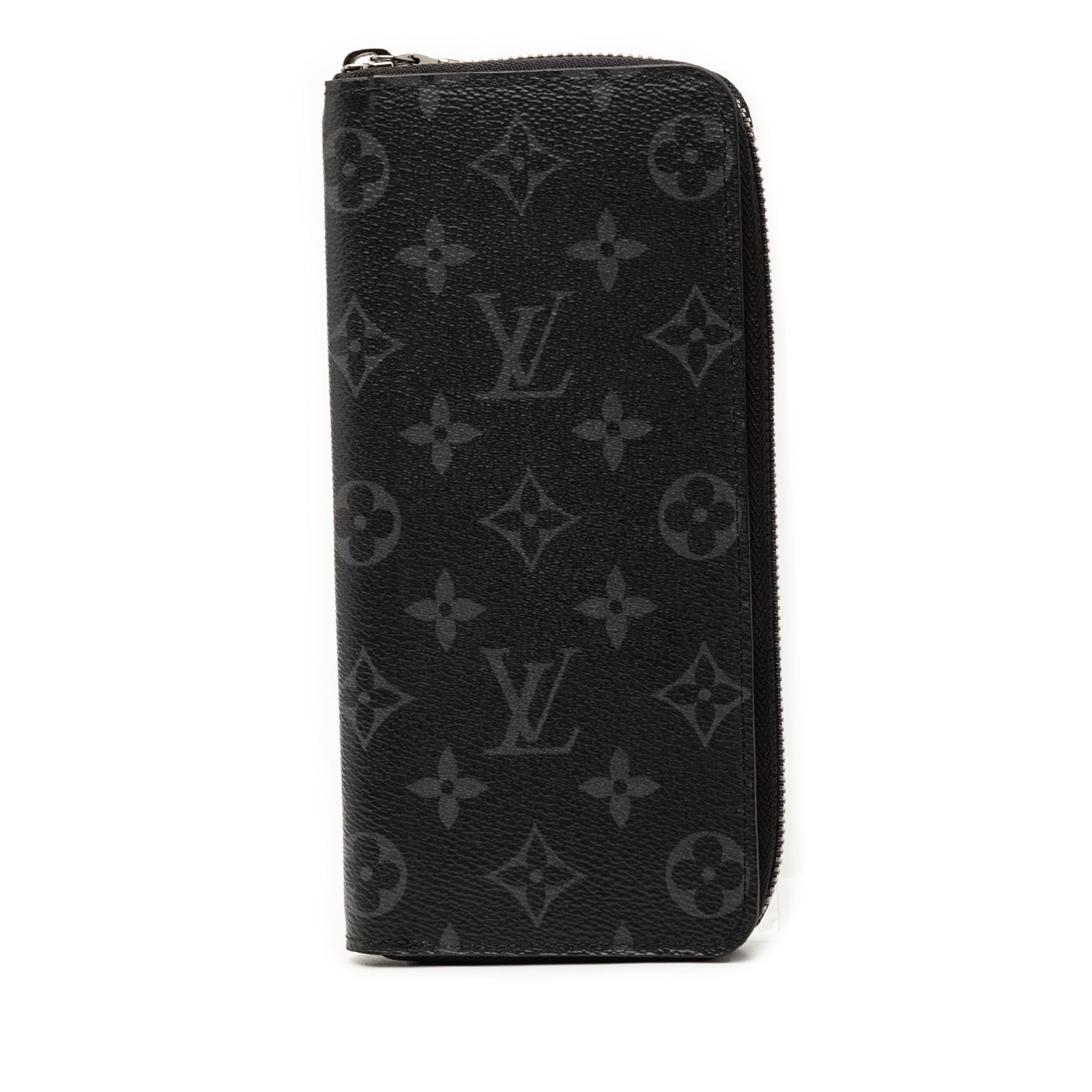Louis Vuitton Black Monogram Eclipse Long Zippered Wallet: Louis Vuitton Black Monogram Eclipse Long Zippered Wallet This Louis Vuitton Monogram Eclipse Vertical Zippy Wallet features a long silhouette crafted from monogram eclipse canvas. It includes a zip-a