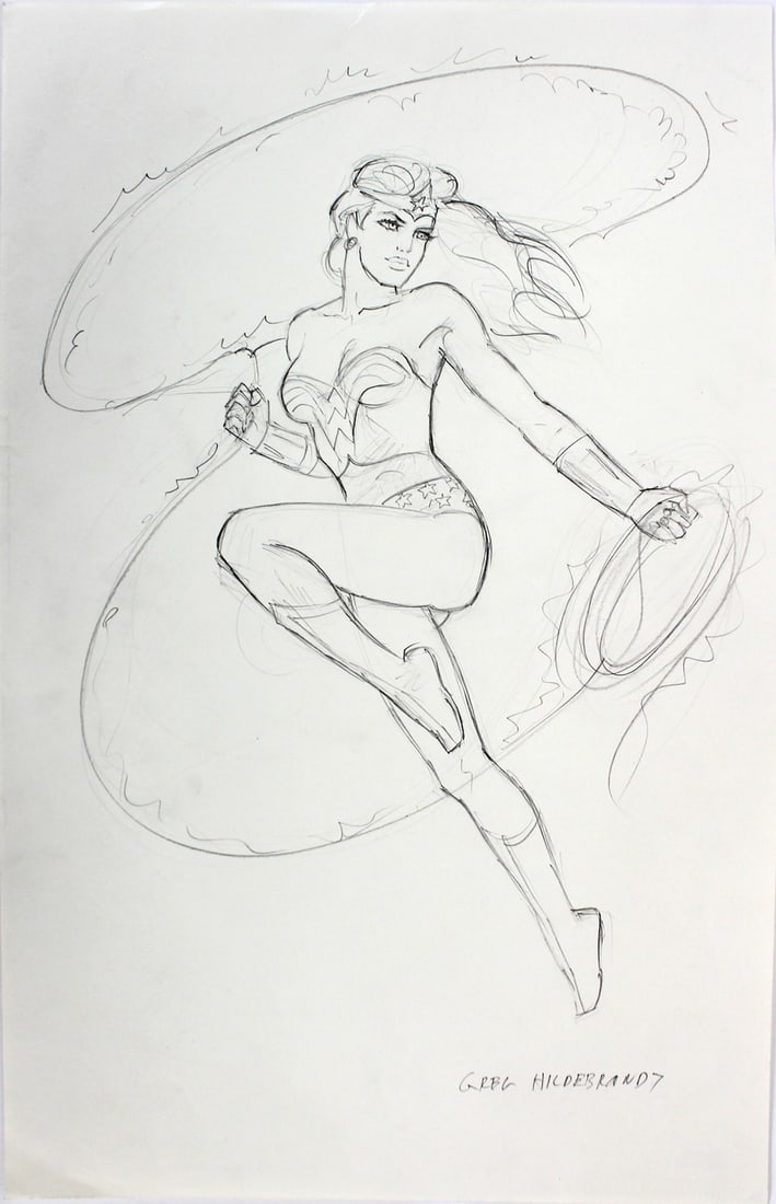 Greg Hildebrandt Signed Wonder Woman 11.5x18 Sketch BAS COA: Greg Hildebrandt Signed Wonder Woman 11.5x18 Sketch BAS COA This is an original hand-drawn sketch measuring 11.5x18 inches, personally signed by renowned artist Greg Hildebrandt, famous for his work