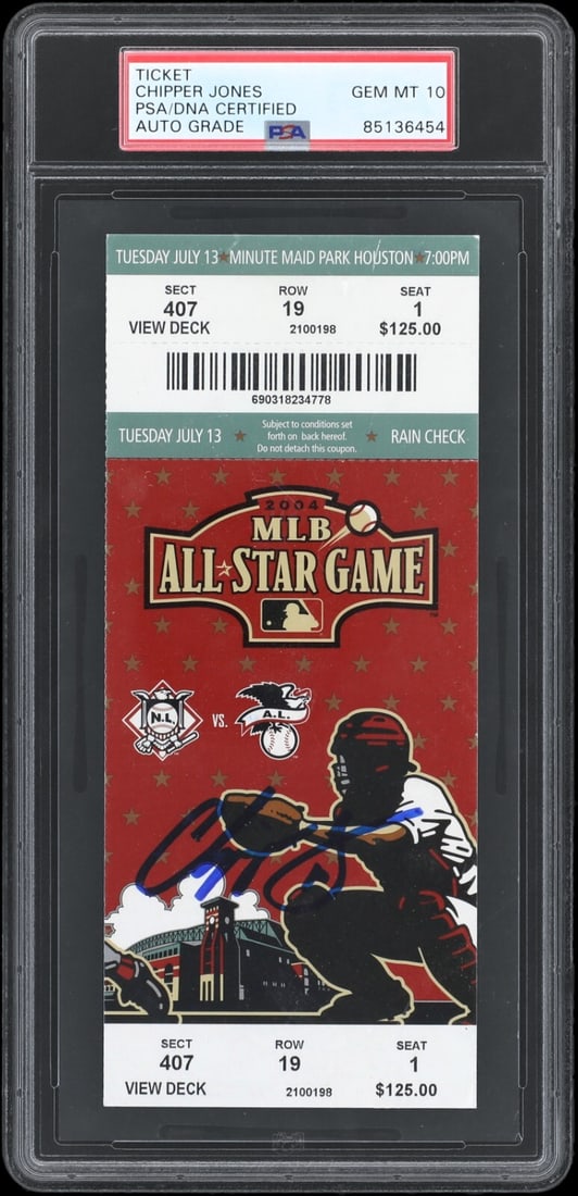 Chipper Jones Signed 2004 All Star Game Ticket PSA 10 GEM MINT: Chipper Jones Signed 2004 All Star Game Ticket PSA 10 GEM MINT This is a signed ticket stub from the 2004 All-Star Game featuring Chipper Jones, a legendary player for the Atlanta Braves. The autograp