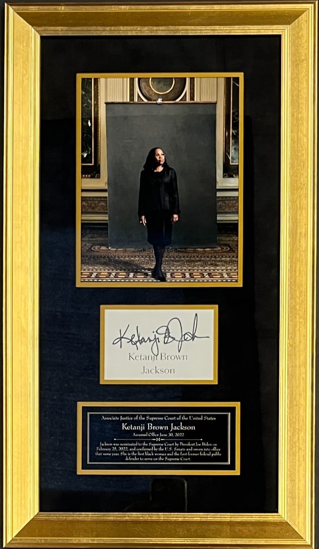 Ketanji Brown Jackson Signed Custom Framed Display JSA Authenticated: Ketanji Brown Jackson Signed Custom Framed Display JSA Authenticated This custom framed display features a cut signature from Supreme Court Justice Ketanji Brown Jackson, beautifully presented in a