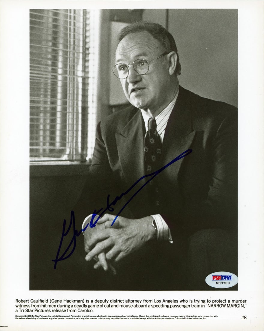 Gene Hackman Signed 8x10 Photo From Narrow Margin PSA DNA Authenticated: Gene Hackman Signed 8x10 Photo From Narrow Margin PSA DNA Authenticated This vertical 8x10 photograph features an authentic signature by Gene Hackman from the film "Narrow Margin." The autograph has b