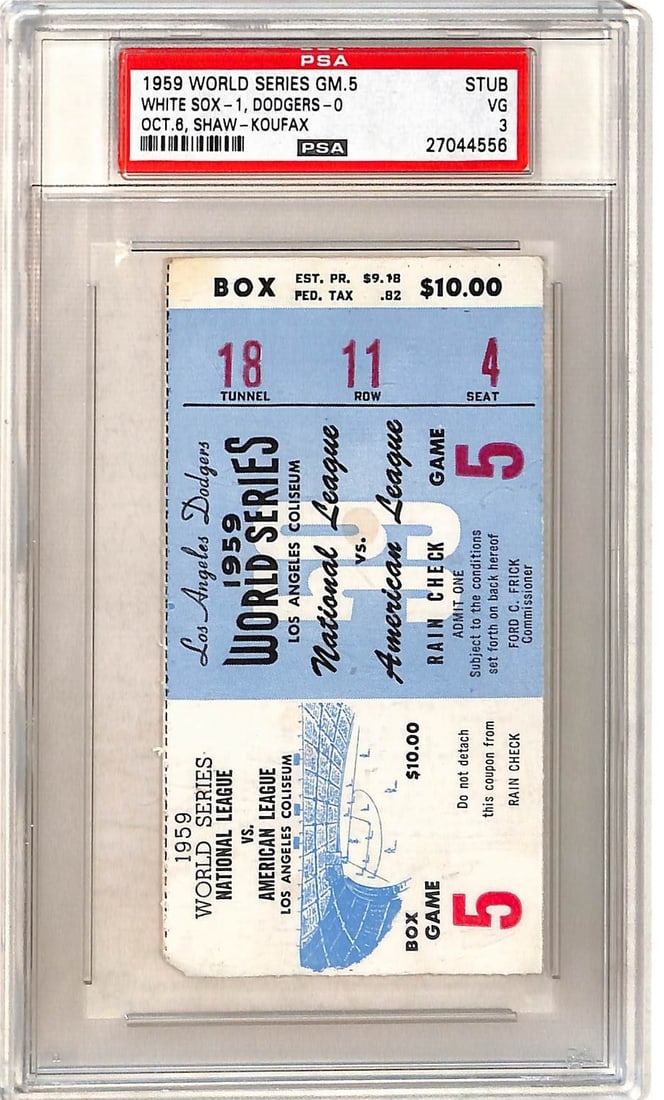 PSA 3 1959 World Series Game 5 Sandy Koufax Ticket (1 of 3)
