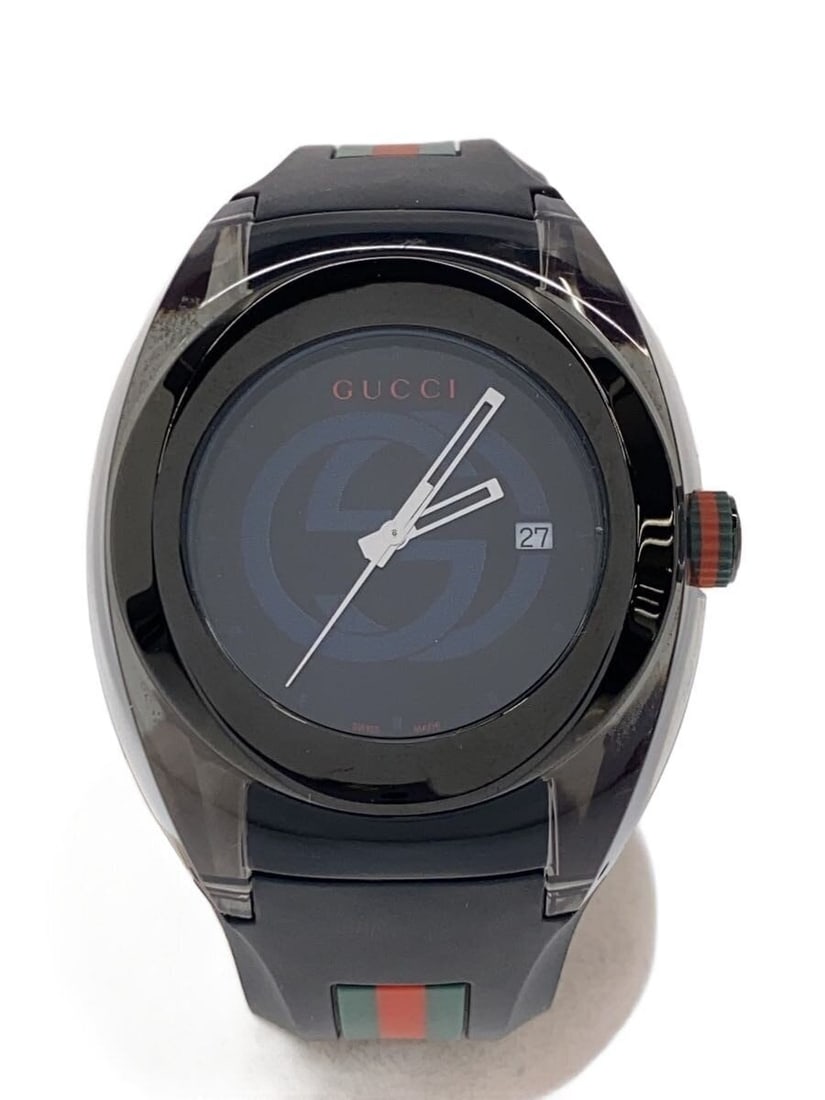 Gucci Sync Black Rubber Men's Wristwatch: Gucci Sync Black Rubber Men's Wristwatch This is a pre-owned GUCCI SYNC 137.1 men's wristwatch featuring a black rubber band. The watch is Swiss-made and shows minor scratches and slight signs of use,