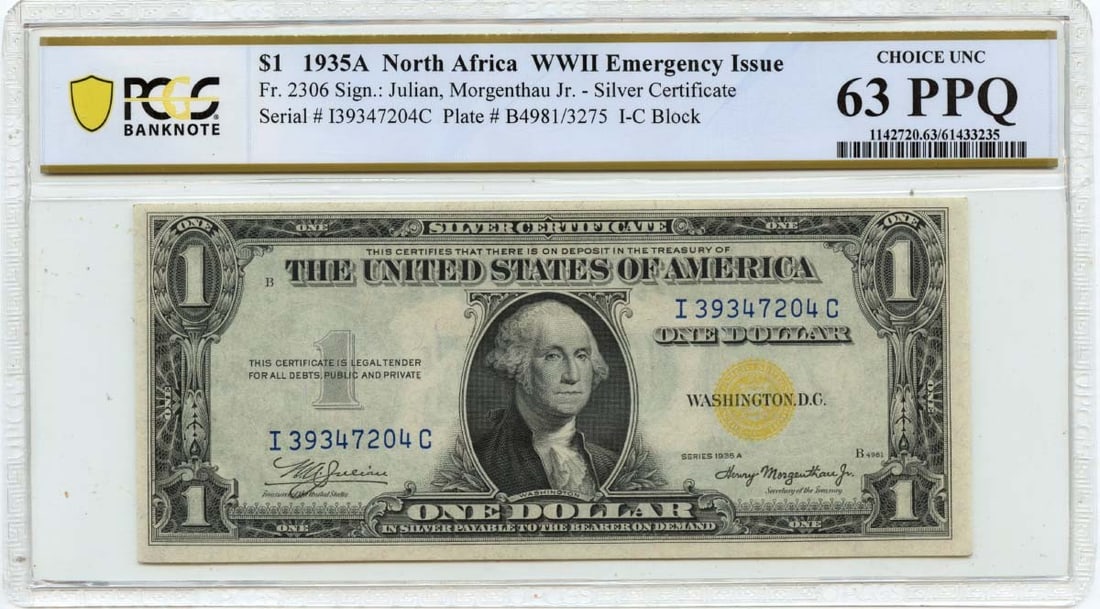 PCGS CU63 PPQ 1935A North Africa $1 Silver Certificate WWII FR2306: PCGS CU63 PPQ 1935A North Africa $1 Silver Certificate WWII FR2306 This is a 1935A $1 Silver Certificate North Africa WWII issue, graded MS63 with a PPQ designation by PCGS Banknote. The note is uncir