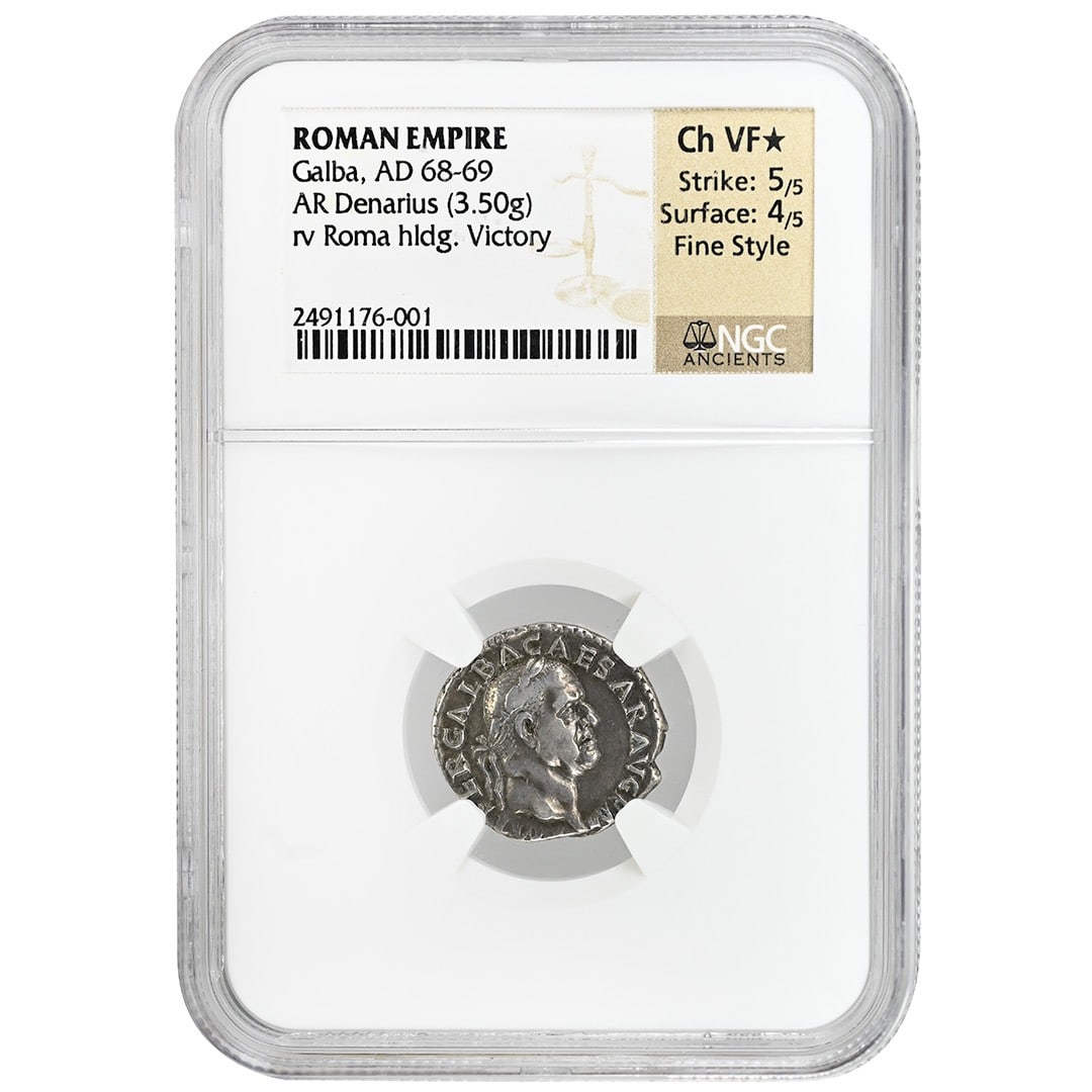 Galba Silver Denarius NGC Certified Roman Empire Coin AD 68-69: Galba Silver Denarius NGC Certified Roman Empire Coin AD 68-69 This rare ancient silver coin is an AR Denarius from the Roman Empire, issued during the reign of Galba (AD 68-69). The coin is composed 