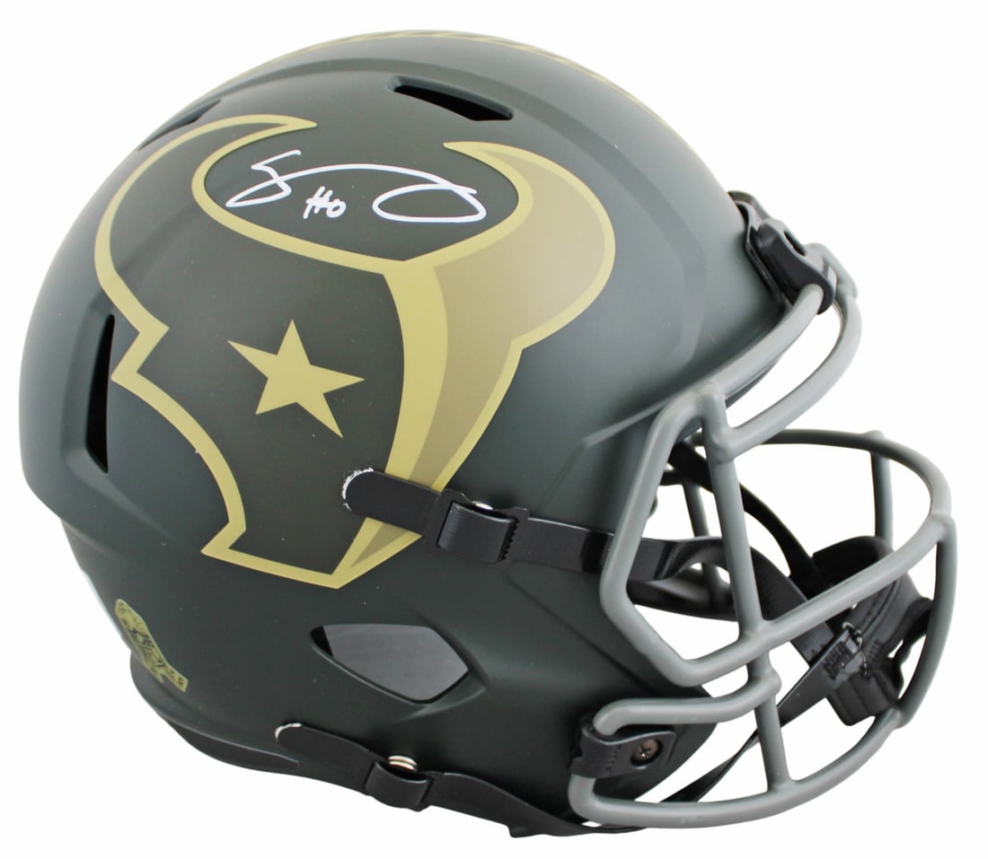 Azeez Al-Shaair Autographed Houston Texans Salute To Service Speed Replica Helmet BAS: Azeez Al-Shaair Autographed Houston Texans Salute To Service Speed Replica Helmet BAS This is an autographed Riddell 2025 Salute to Service IV full-size Speed Replica helmet, personally signed by Azee