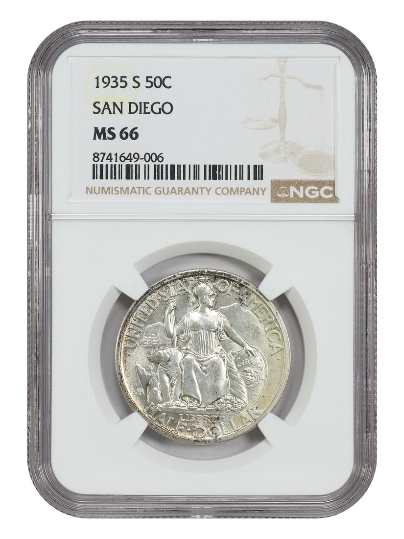 1935-S San Diego 50C NGC MS66 Classic Silver Commemorative: 1935-S San Diego 50C NGC MS66 Classic Silver Commemorative This 1935-S San Diego 50C Classic Silver Commemorative coin is graded MS66 by NGC. Issued as a souvenir for the California Exposition in 1935