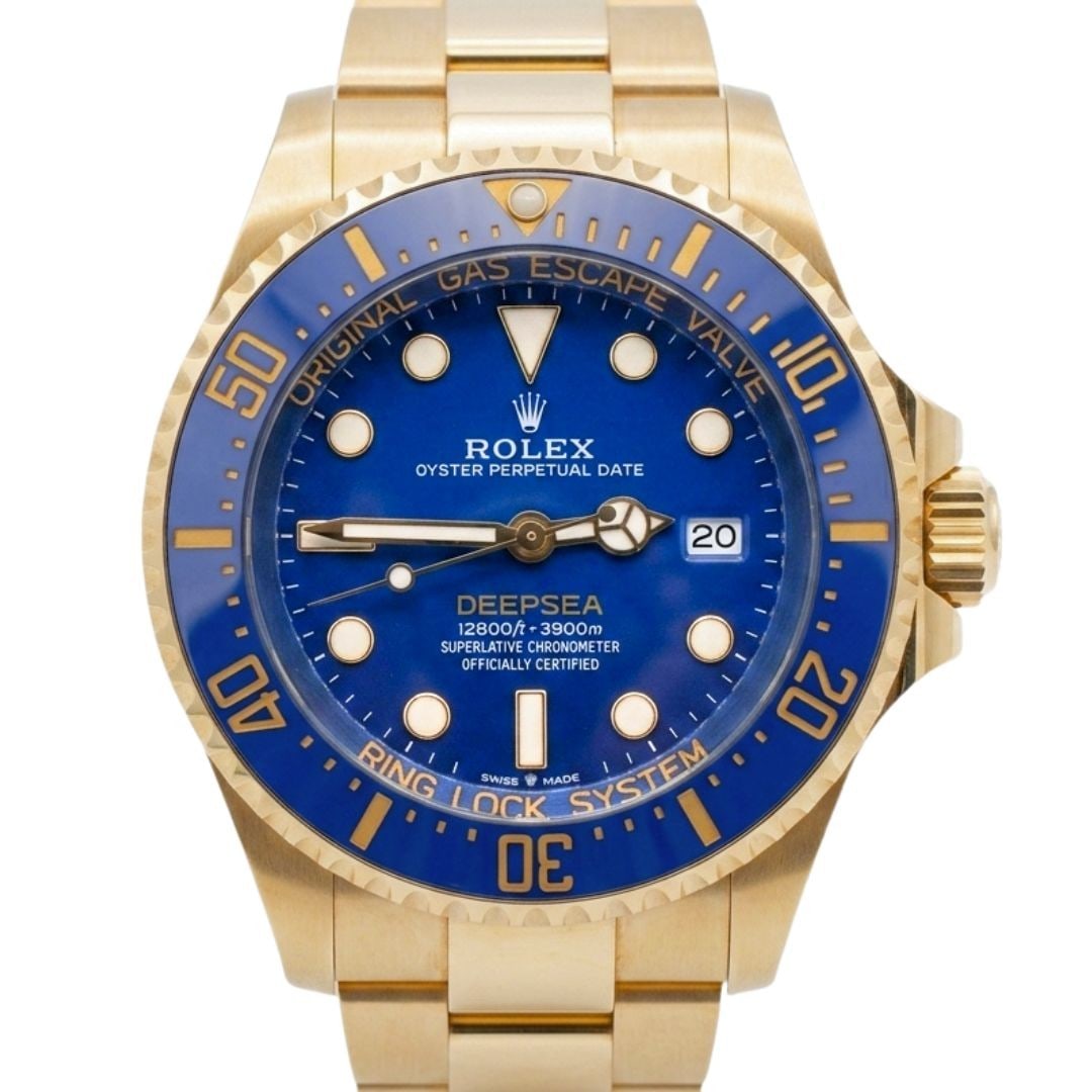 Rolex Deepsea 44mm Blue Dial 18K Yellow Gold Wristwatch: Rolex Deepsea 44mm Blue Dial 18K Yellow Gold Wristwatch This Rolex Deepsea M136668LB-0001 is a luxury professional dive watch featuring a 44mm Oyster case and matching bracelet, both crafted from 18K 