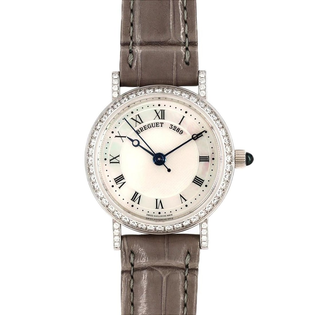 Breguet Classic 30.5mm White Gold Diamond Wristwatch: Breguet Classic 30.5mm White Gold Diamond Wristwatch This Breguet Classic WG/D 8068BB/52/964DD00 unisex wristwatch features a 30mm white gold case set with 64 diamonds, complemented by a mother-of-pea