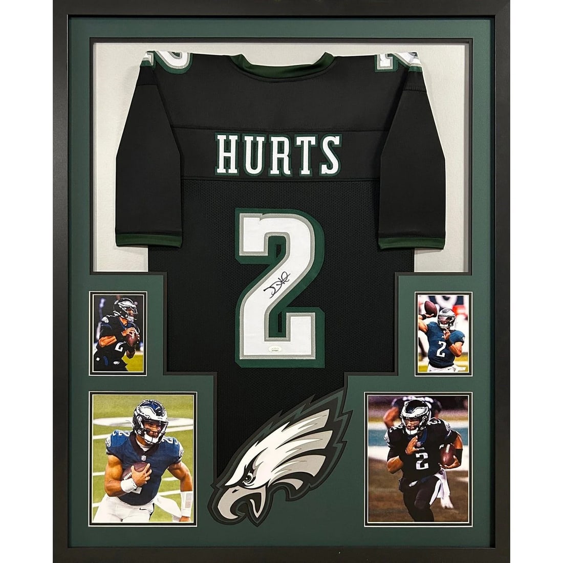 Jalen Hurts Autographed Framed Jersey JSA Certified Philadelphia Eagles: Jalen Hurts Autographed Framed Jersey JSA Certified Philadelphia Eagles This autographed Jalen Hurts framed jersey is a must-have for any Philadelphia Eagles fan. The jersey is authenticated by JSA, a