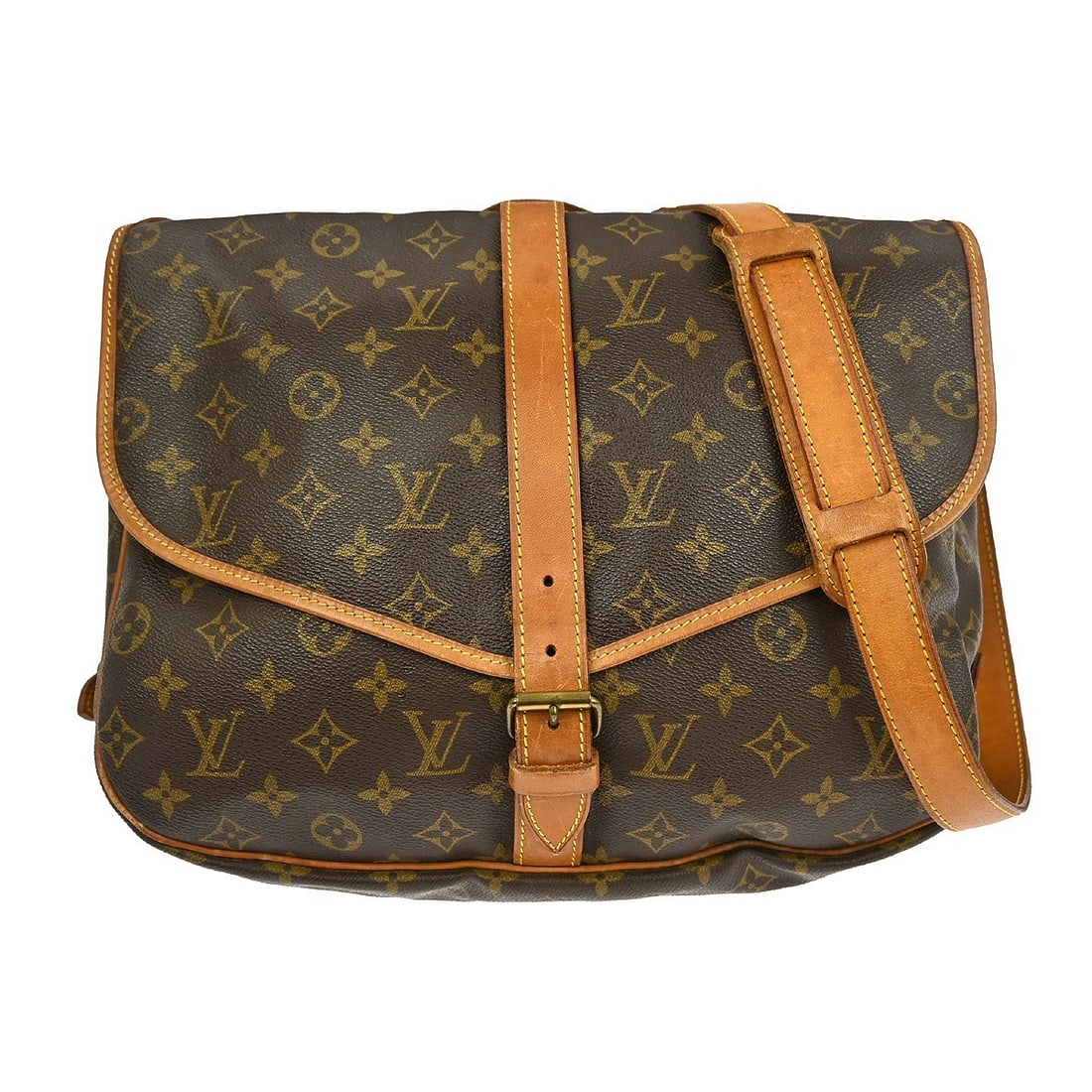 Monogram Canvas Saumur Shoulder Bag by Louis Vuitton Unisex: Monogram Canvas Saumur Shoulder Bag by Louis Vuitton Unisex The Louis Vuitton Saumur Handbag features the signature Monogram Canvas in a brown colorway. Designed for unisex use, this bag is crafted fr