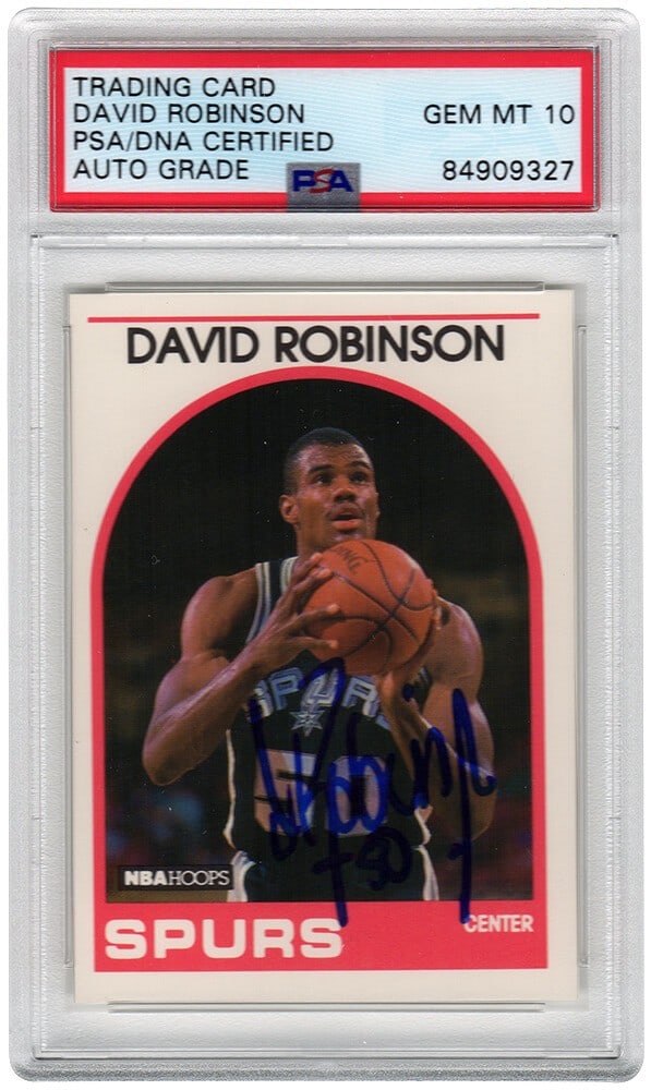David Robinson Signed 1989-90 NBA Hoops Rookie Card #310 PSA Auto 10: David Robinson Signed 1989-90 NBA Hoops Rookie Card #310 PSA Auto 10 This is a David Robinson signed San Antonio Spurs 1989-90 NBA Hoops rookie basketball card #310. The card features an authenticated