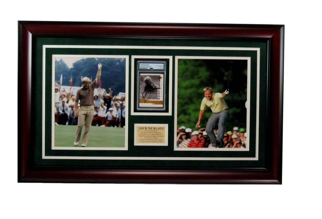 Jack Nicklaus Signed Trading Card with Framed Photo Collage PSA/DNA: Jack Nicklaus Signed Trading Card with Framed Photo Collage PSA/DNA This is a Jack Nicklaus signed trading card paired with two 8x10 photos, beautifully framed and ready for display. The item comes wi