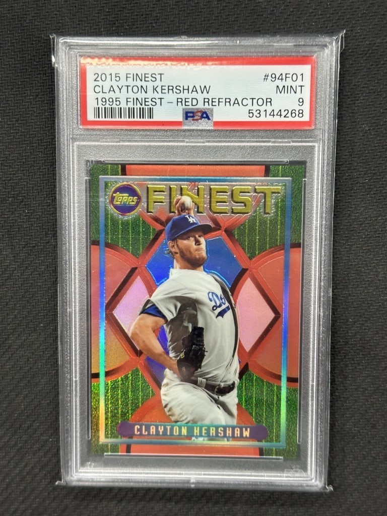 Clayton Kershaw 2015 Topps Finest Red Refractor PSA 9 #94F01: Clayton Kershaw 2015 Topps Finest Red Refractor PSA 9 #94F01 This is a highly collectible Clayton Kershaw baseball card from the 2015 Topps Finest series, featuring the 1995 Finest Red Refractor desig
