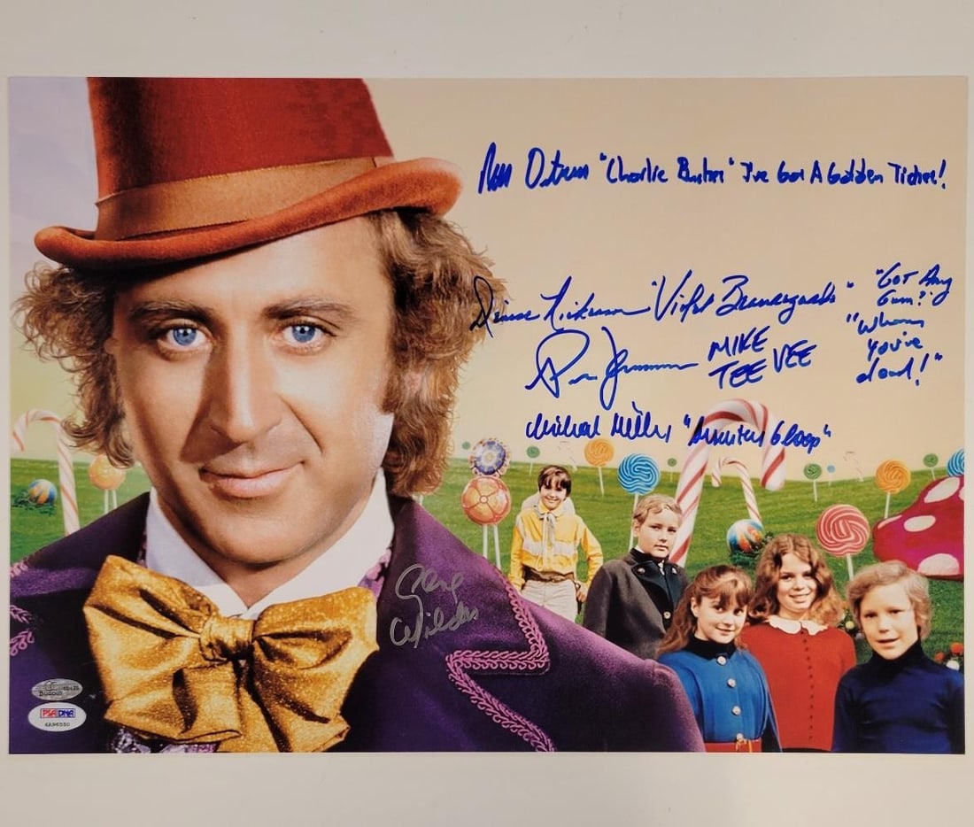 Gene Wilder Willy Wonka Kids Cast 5 Autographs Signed 12x17 Photo PSA: Gene Wilder Willy Wonka Kids Cast 5 Autographs Signed 12x17 Photo PSA This stunning 12x17 photo features five autographs from the cast of the beloved classic movie, Willy Wonka & the Chocolate Factory
