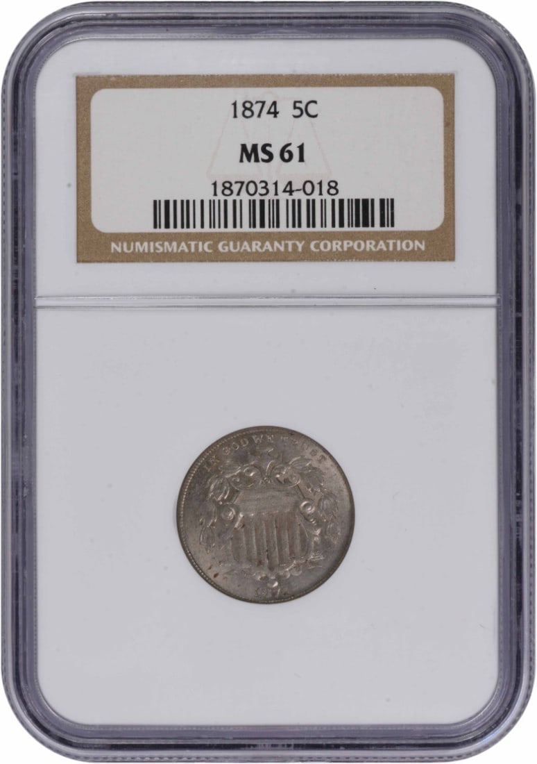 NGC MS61 1874 Five Cent Shield Coin United States Philadelphia Mint: NGC MS61 1874 Five Cent Shield Coin United States Philadelphia Mint This 1874 Shield Nickel is graded MS61 by NGC and remains uncirculated. Minted in Philadelphia, it features a composition of 75% cop