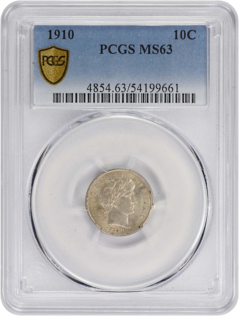 1910 Barber Dime MS63 PCGS 90% Silver Uncirculated Coin: 1910 Barber Dime MS63 PCGS 90% Silver Uncirculated Coin This 1910 Barber Silver Dime is a remarkable collectible coin, certified by PCGS with a grade of MS63. Minted in Philadelphia, this uncirculated