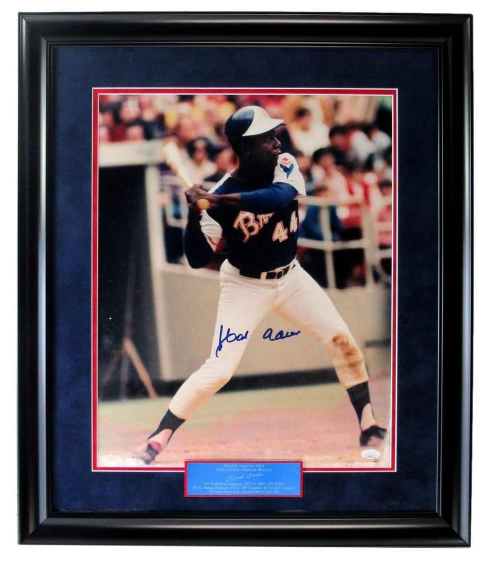 Framed Hank Aaron signed 16x20 Atlanta Braves photo JSA authenticated: Framed Hank Aaron signed 16x20 Atlanta Braves photo JSA authenticated This framed 16x20 photograph features an authentic autograph from Hank Aaron of the Atlanta Braves. The photo is professionally fr