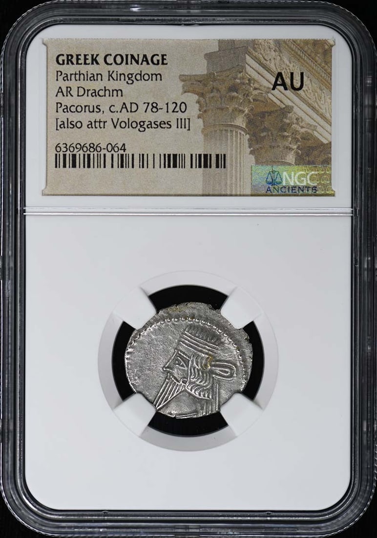 NGC AU Parthian Kingdom Silver Drachm Ancient Greek Coin: NGC AU Parthian Kingdom Silver Drachm Ancient Greek Coin This is an ancient Parthian Kingdom AR Drachm coin, certified by NGC with a grade of AU. The coin originates from Greece and is in pre-owned co