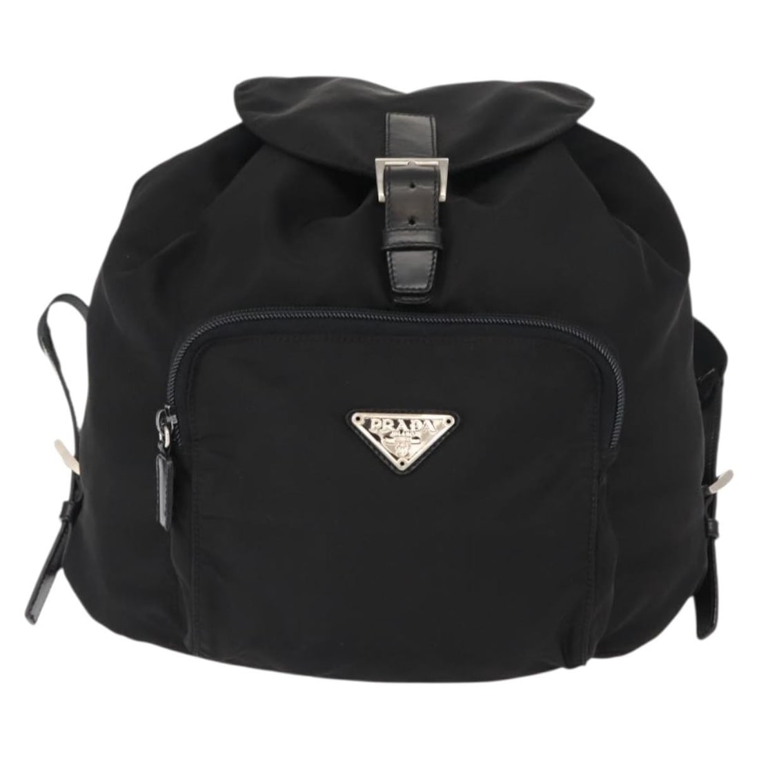 Black Nylon Backpack with Front Pocket by Prada: Black Nylon Backpack with Front Pocket by Prada This Prada Front Pocket Backpack is crafted from black nylon and designed for unisex use. The backpack features a front pocket for added convenience. As
