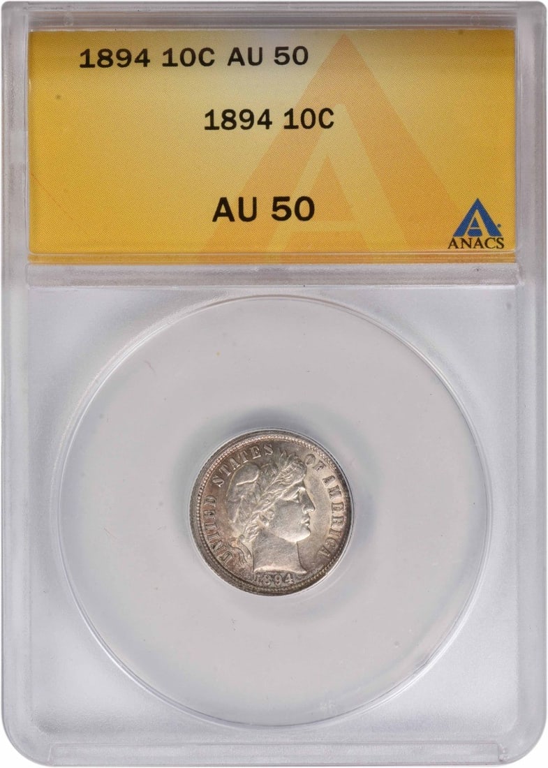 ANACS AU50 1894 Barber Dime 90 Percent Silver Philadelphia Mint: ANACS AU50 1894 Barber Dime 90 Percent Silver Philadelphia Mint This 1894 Barber Dime from the Philadelphia Mint is graded AU50 by ANACS. Designed by Charles E. Barber, this pre-owned coin is composed