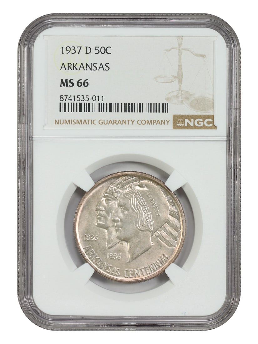 Arkansas 1937 Denver 50C Silver Commemorative Coin NGC MS66 Low Mintage: Arkansas 1937 Denver 50C Silver Commemorative Coin NGC MS66 Low Mintage This 1937-D Arkansas 50-cent coin is a classic silver commemorative, certified by NGC with a grade of MS66. Issued by the Denver