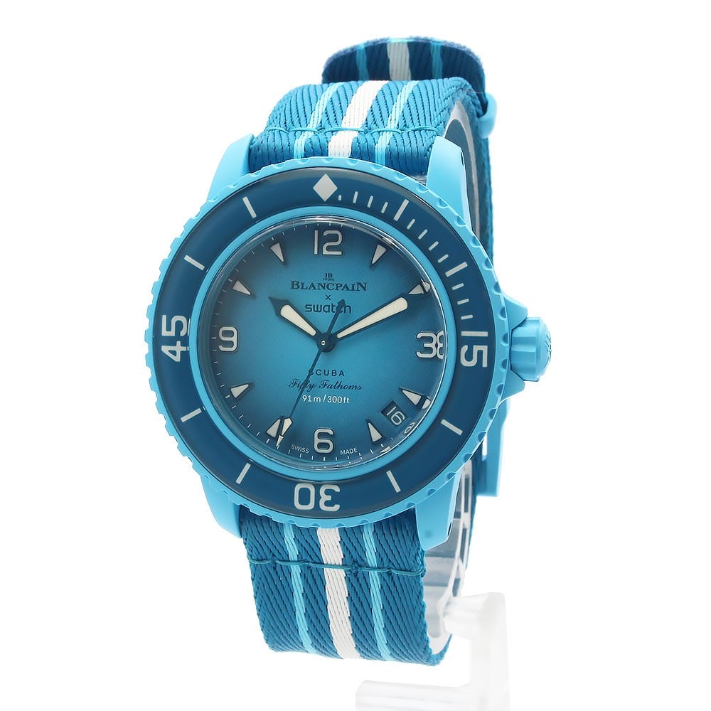 Swatch Blancpain Blue Lagoon Bioceramic Automatic Wristwatch SO35L400 (1 of 9)