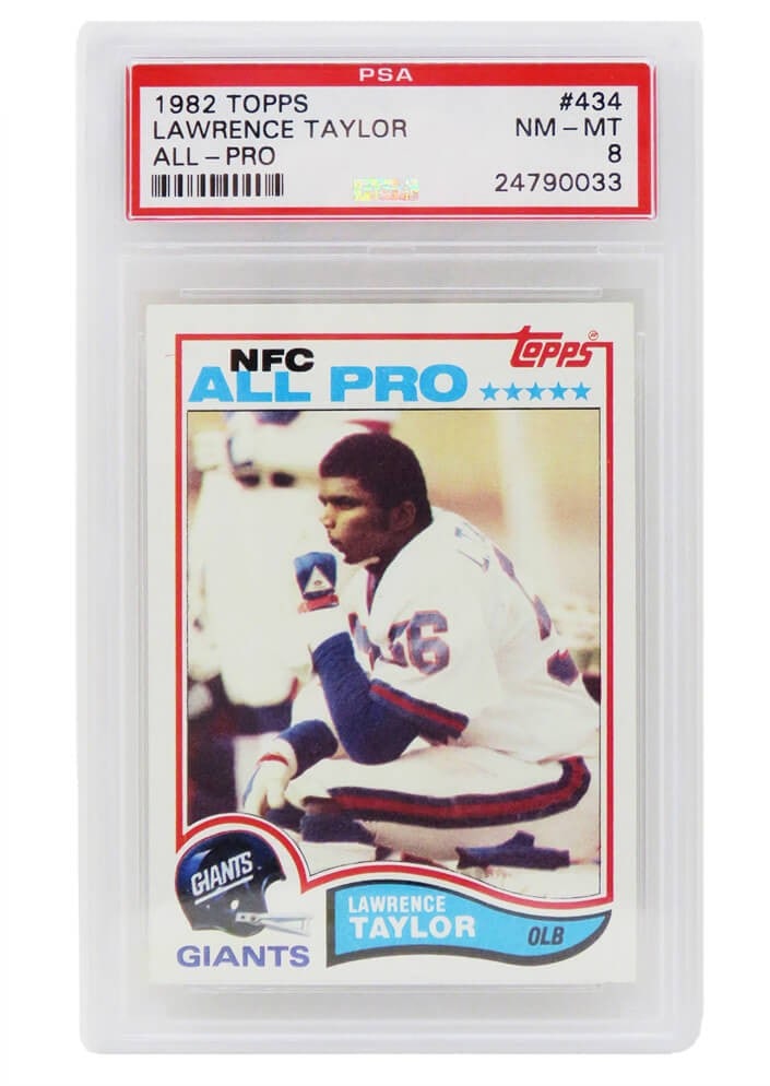 1982 Topps Lawrence Taylor Rookie Card #434 PSA 8 Giants: 1982 Topps Lawrence Taylor Rookie Card #434 PSA 8 Giants Featuring the iconic Lawrence Taylor, this is a 1982 Topps Football #434 rookie card, encapsulated and graded by PSA at an impressive Near Mint
