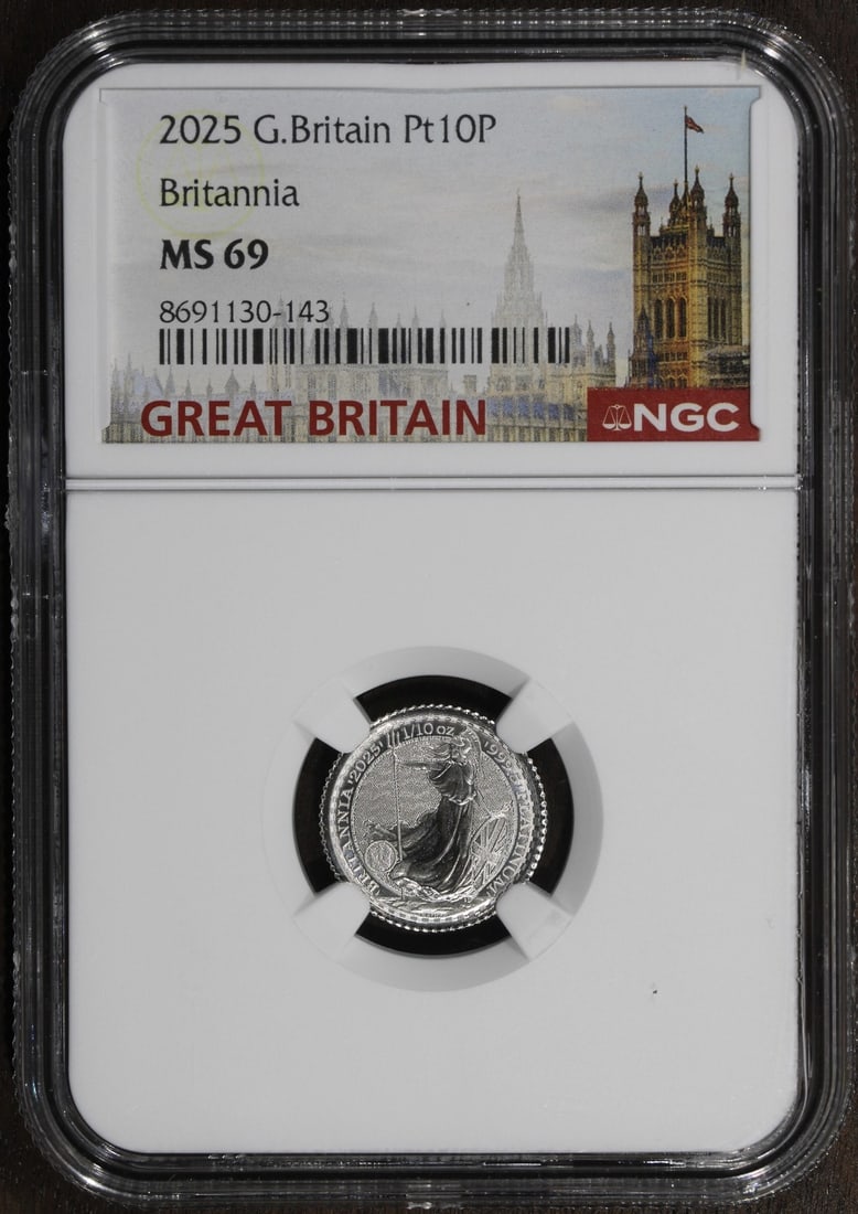 NGC MS69 2025 Britannia Platinum 1 10 oz Coin: NGC MS69 2025 Britannia Platinum 1 10 oz Coin This 2025 UK Britannia coin is struck from 1/10 oz of 0.999 fine platinum and graded MS 69 by NGC. Issued by the British Royal Mint, it features the iconi