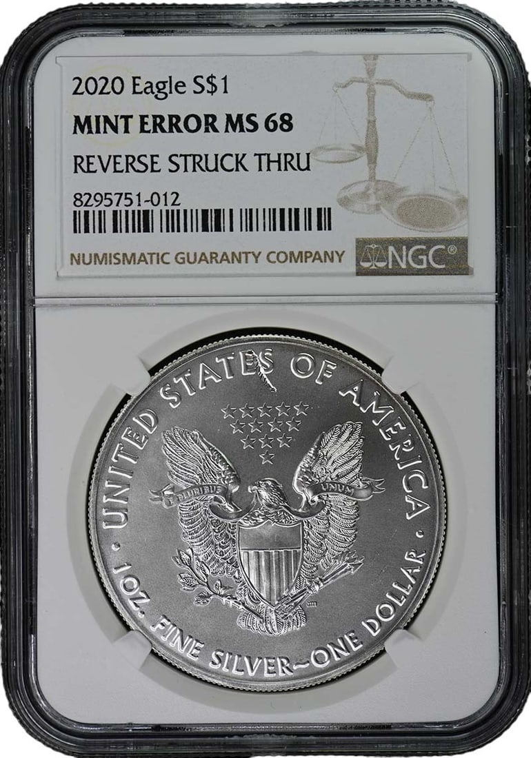 NGC MS68 2020 S$1 Eagle Reverse Struck Thru Mint Error Coin (1 of 2)