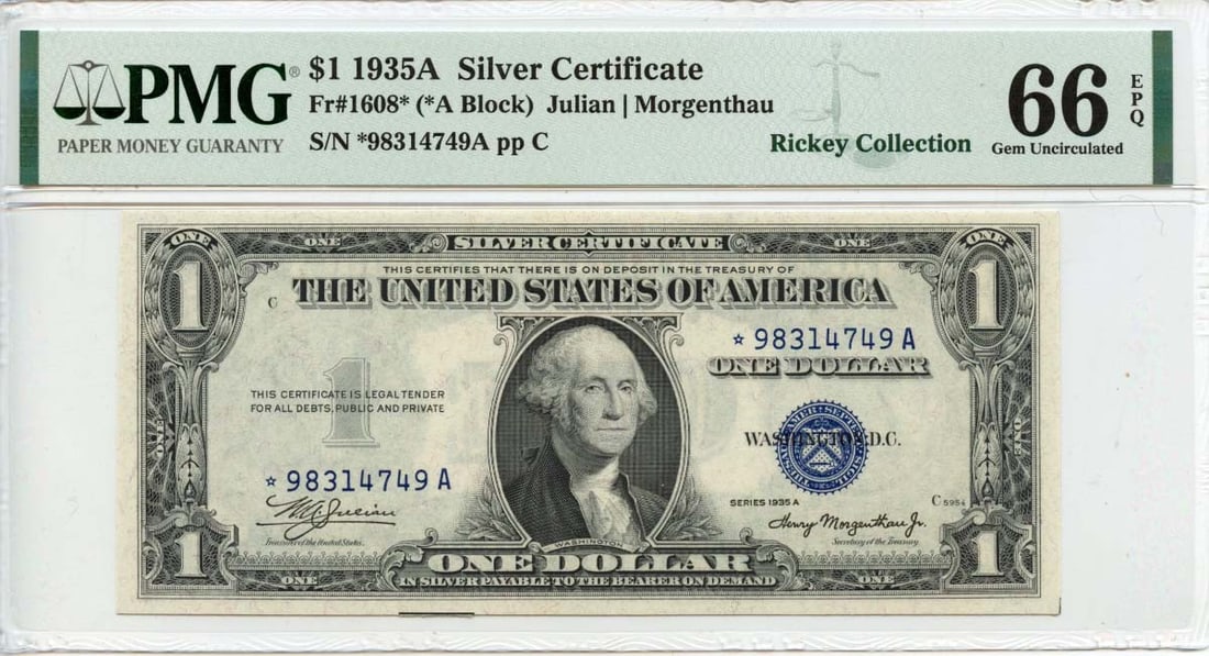 1935A $1 Silver Certificate Fr# 1608* PMG Gem 66 EPQ Uncirculated: 1935A $1 Silver Certificate Fr# 1608* PMG Gem 66 EPQ Uncirculated This 1935A $1 Silver Certificate, designated as Fr# 1608*, is a prized collectible for currency enthusiasts. Graded by PMG as Gem66 EP